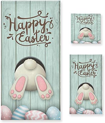 Qilmy 3-Piece Easter Bunny Towel Set Bath Towel, Hand Towel and Washcloth Super Soft Absorbent Towel Set for Hotel Bathroom Gym Spa and Beach