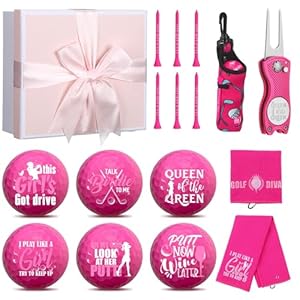 18 Pcs Pink Golf Accessories Kit Include 6 Birdie Pink Golf Balls, 6 Tees, 2 Towels, Golf Ball Bag, Golf Divot Tool, Gift Box Bag of Raffia,mon Birthday Retirement Gift for Women
