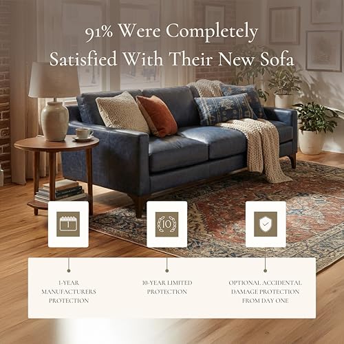 Image of Poly & Bark Sorrento Leather Couch - 86 Inch Sofa - Full-Grain Leather Sofa for Living Room with Feather Down Topper - Living Room Couch - Pure Aniline Vintage Italian Leather in Nightfall Blue