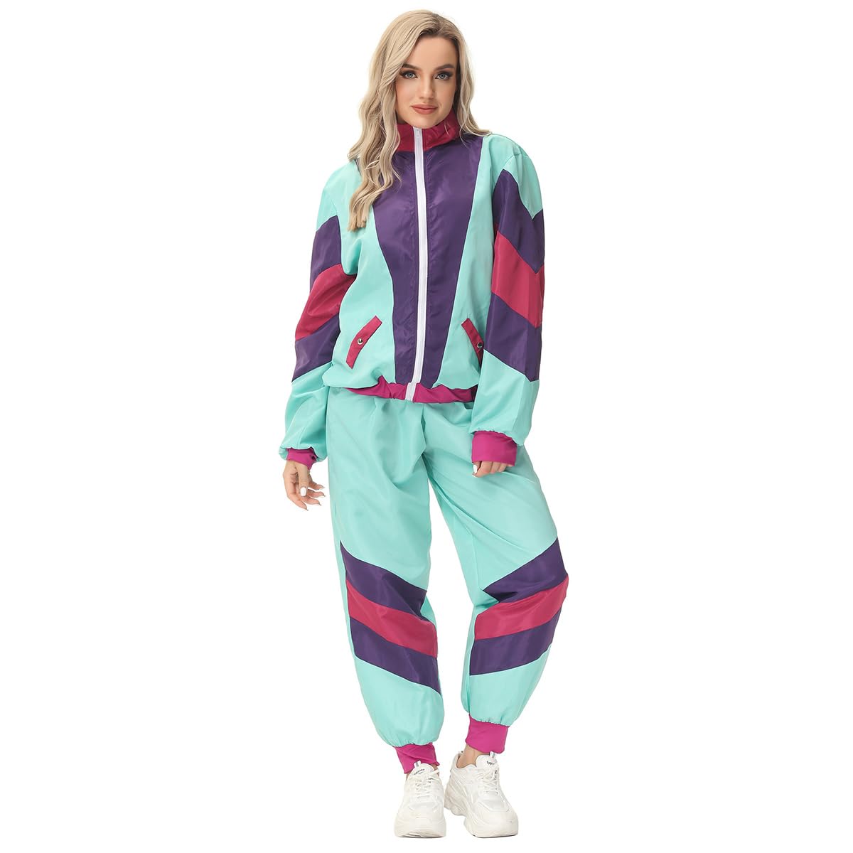 IMEKIS 80s Tracksuit for Women Men Retro Hip Hop Windbreaker Halloween Cosplay Disco Tracksuit 90s Shell Suit: Medium Mint Green