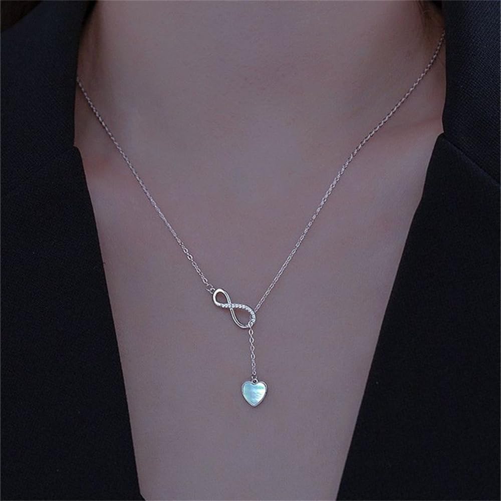 Infinity Lariat Y-Necklace for Women 925 Sterling Silver Love Heart Mother of Pearl Pendant Long Link Chain Necklaces Adjustable Delicate Wedding Birthday Valentines Jewelry Gift 20 inches - Image 4