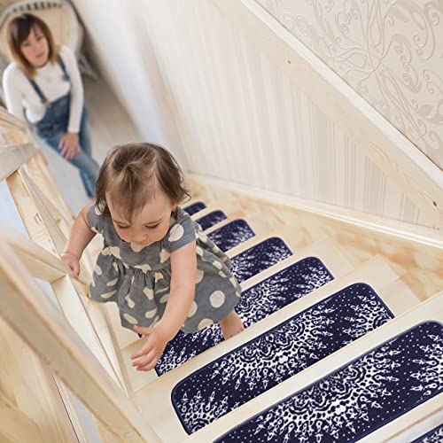Beverly Rug Stair Treads For Wooden Steps, Stair Treads Carpet, Carpet Treads For Wood Stairs, Non Slip Stair Treads Indoor, Carpet For Stairs, Slip Resistance Medallion Navy Stair Tread, Set Of 15 #TOP5