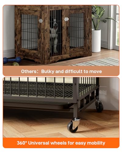 Dog Crate Furniture, 27.2 Inch Wooden Heavy-Duty Dog Kennel with Pull-Out Tray & Removable Wheels, Modern Double-Doors Dog House, Side End Table for Medium Dog, Rustic Gray - Image 5