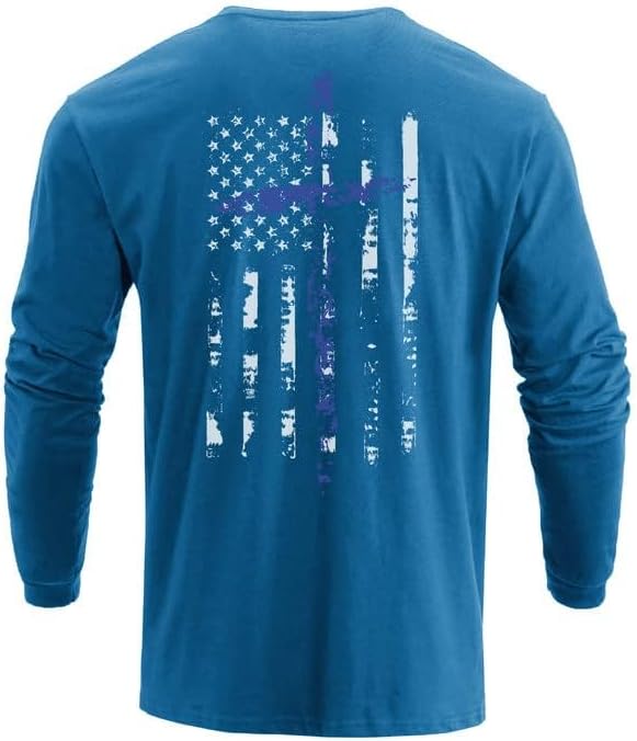 H HYFOL Men's Graphic T-Shirts USA Flag 100% Cotton Long Sleeve American Patriotic Crewneck Regular Tee Shirts(Vallarta Blue,XL - Image 2