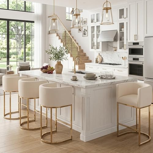 Image of HNY Modern Cream Counter Height Barrel Linen Fabric Upholstered Counter Stools Set of 4, 29 Inch Kitchen Island Stools with Gold Metal Frame