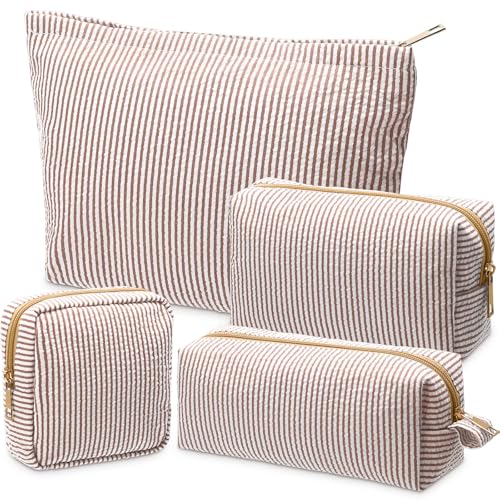 Sanwuta 4 Pcs Seersucker Pouch Cosmetic Bag Set Seersucker Makeup Bag Women Stripe Large Travel Toiletry Organizer Aesthetic Preppy Storage for Embroidery Women Bridesmaid Gifts(Khaki)