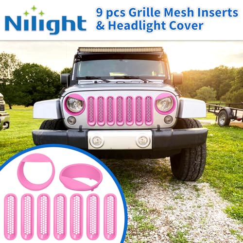 Image of Nilight Grill Inserts fit for Jeep Wrangler Front Grille Mesh Inserts & Headlight Cover Set for JK JKU Unlimited Sports Sahara Freedom Rubicon 2007-2018 Clip-in Trim Exterior Accessories Pink 9 Pcs