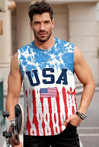 Mainfini Man 4th of July Patriotic Shirt Print Stripes and Stars Tank Tee Fashion American USA Flag Tank Shirt S