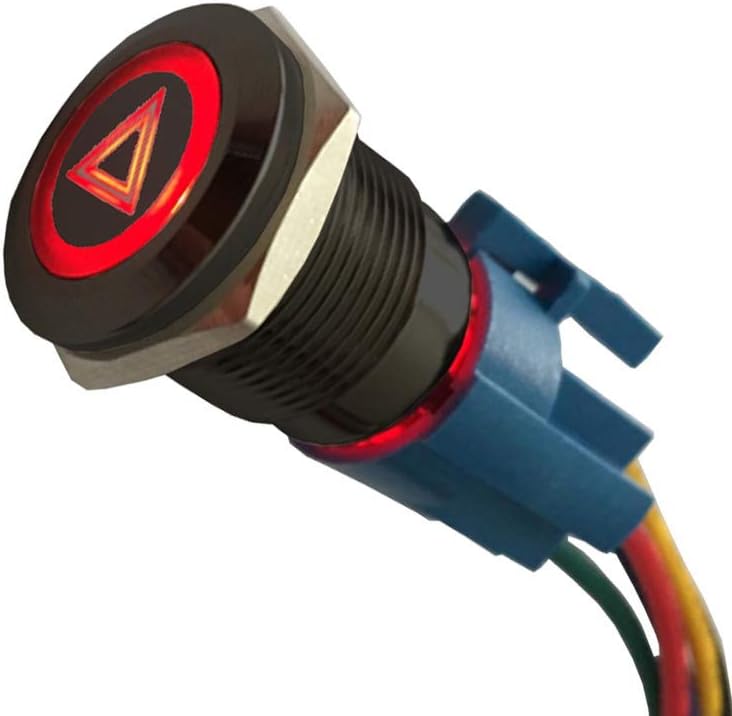 12V Car Vehicle Red LED Light Hazard Emergency Warning Push Button Metal Toggle Switch Socket Plug Wire Latching 19mm Balck Shell