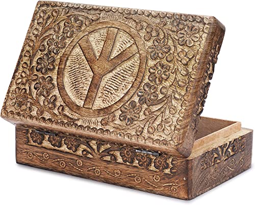 Ajuny Portagioie Decorativo in Legno Intagliato a mano con Design di Intagli di Pace Organizer Multiuso per Riporre Ricordi Baule del Tesoro da Viaggio Portaoggetti Regali 8x5 pollici