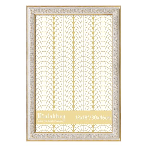 Image of VIOLABBEY 12x18 Picture Frame White, Vintage Photo Frames Ornate without Mat for Wall Hanging