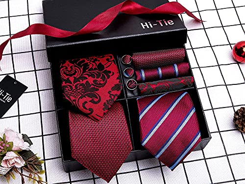 Image of Hi-Tie 3 Pcs Gift Box Mens Tie Set Necktie with Pocket Square Cufflinks Lapel Pin Silk Neck Tie Collection