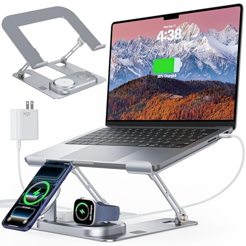 Meifigno Laptop Stand for Desk with Wireless Charging Station Base, Foldable Aluminum MacBook Stand with MagSafe Charger for iPhone/iWatch/AirPods, 30W USB-C Charging for All Laptop, with 65W Adapter