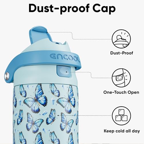 Image of ENCOOL Leakproof Insulated Water Bottle with Straw Dual-Sip Water Bottle Bag-Safe Design for Work, Commute & Gym - Keeps Drinks Cold All Day, 32 oz, Glacier Butterfly