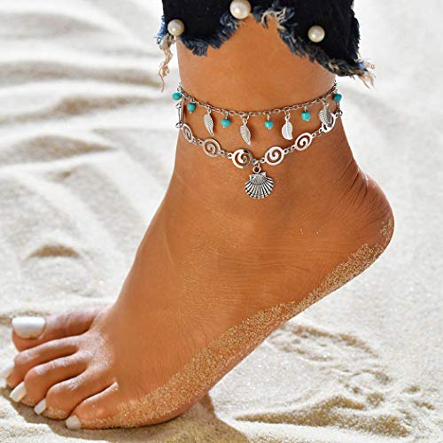 Preisvergleich Produktbild Jovono Blue Boho Perlen Blatt Fußkettchen Mehrschichtiger Baum Welle Jakobsmuschel Conch Fußkettchen Armbänder Strand Fuß Schmuck für Frauen und Mädchen (Jakobsmuschel)