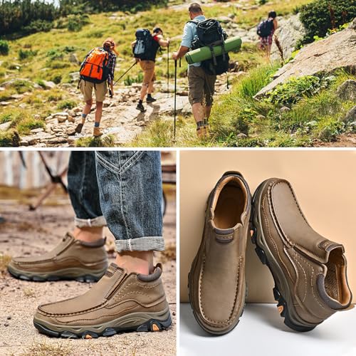 Men Slip on Loafers, Waterproof Leather Hiking Boots, Work Walking Shoes, Causal Comfortable Outdoor Sneakers, Lightweight,Breathable2