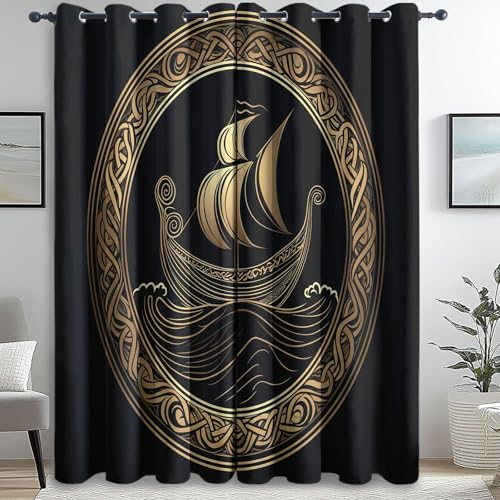 Genérico Cortinas Opacas, 140An x 280Al cm (2 Paneles) para Salon Dormitorio Modernas, Vikingo Salvaje Alfabeto Estampadas Oro Negro Cortinas Opacas térmicas aislantes del frío y el Calor