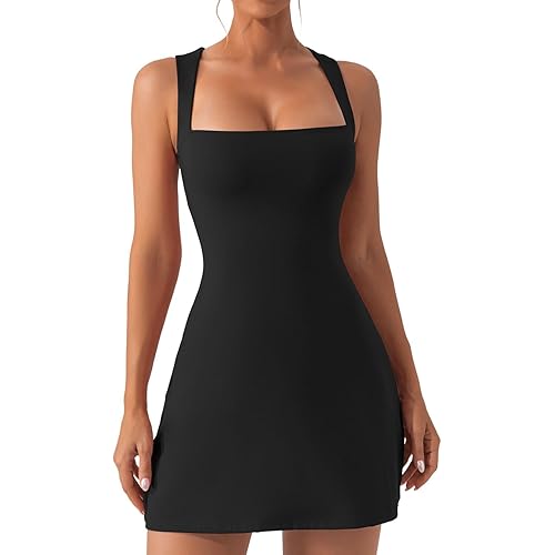 QINSEN Women's Square Neck Bodice Dress Sleeveless Tank Top Stretch Flare Mini Dresses