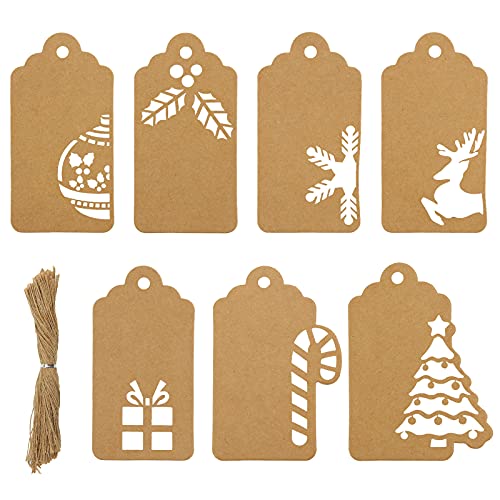 Koogel 140PCS Christmas Gift Tags 1.8x3.4 inches Hollow-Out Kraft Paper Tags with 7 Different Designs for Christmas Tree DIY Craft Presents and Party Hanging Decorations