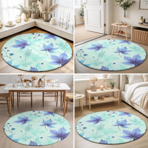 Blue Maple Leaf Washable Round Rug 4Ft Soft Non-Slip Round Area Rugs Fall Small Berry Stems Cottagecore Country Low File Circle Carpet for Bedroom Nurseries Reading Nooks Side Tables - Image 5