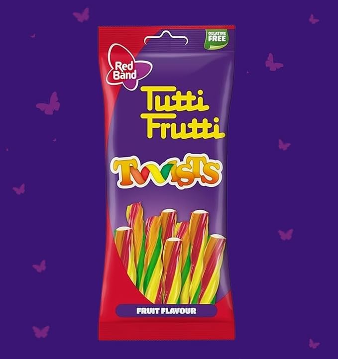 Red Band Tutti Frutti Long Twists Soft Chewy Candy with Apple Juice Concentrate | Fruit Flavour | Centre Filled | 100% Veg | Gelatine Free | Imported from Neitherlands - 100g