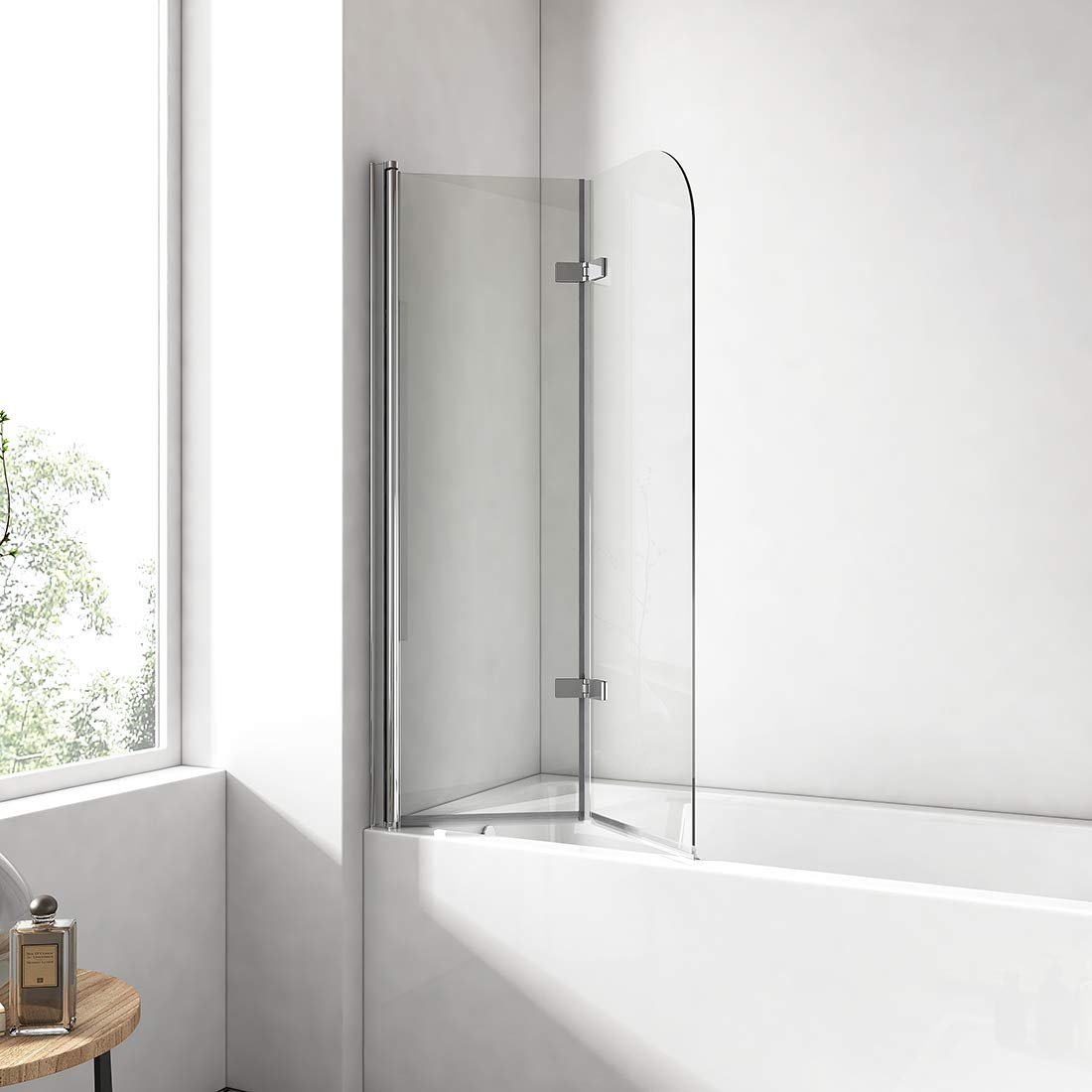 EMKE Mampara de bañera plegable 120x140cm, 2 hojas pivotantes, Cromo | mampara bañera de cristal de seguridad de 6 mm, Giratorio 180°,Revestimiento nano fácil de limpiar
