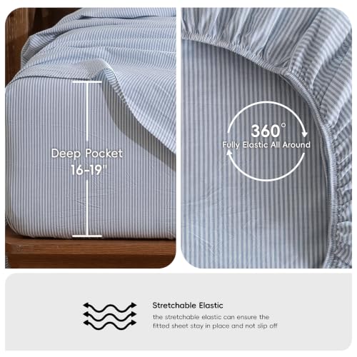 Image of MooMee Striped Sheet Set 100% Washed Cotton Linen Like King | Relaxed Linen-like Texture. Soft, Breathable & Lightweight Comfort. 15-19 inch Extra Deep Pocket with All-around Elastic