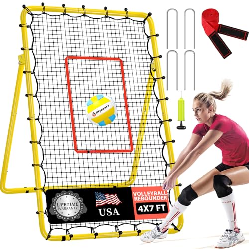 6-Angle Adjustable Volleyball Rebounder Net 7x4ft, High Stable Bounce Back Training Equipment for Practicing Volleying Bumping Spiking with High-Tension Net, PU Volleyball and Pump, Stakes
