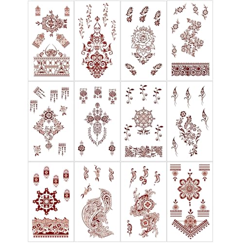 Henna Tattoo 12 Sheets Red Brown Henna Mehndi Temporary Tattoos for Women and Teen Girl