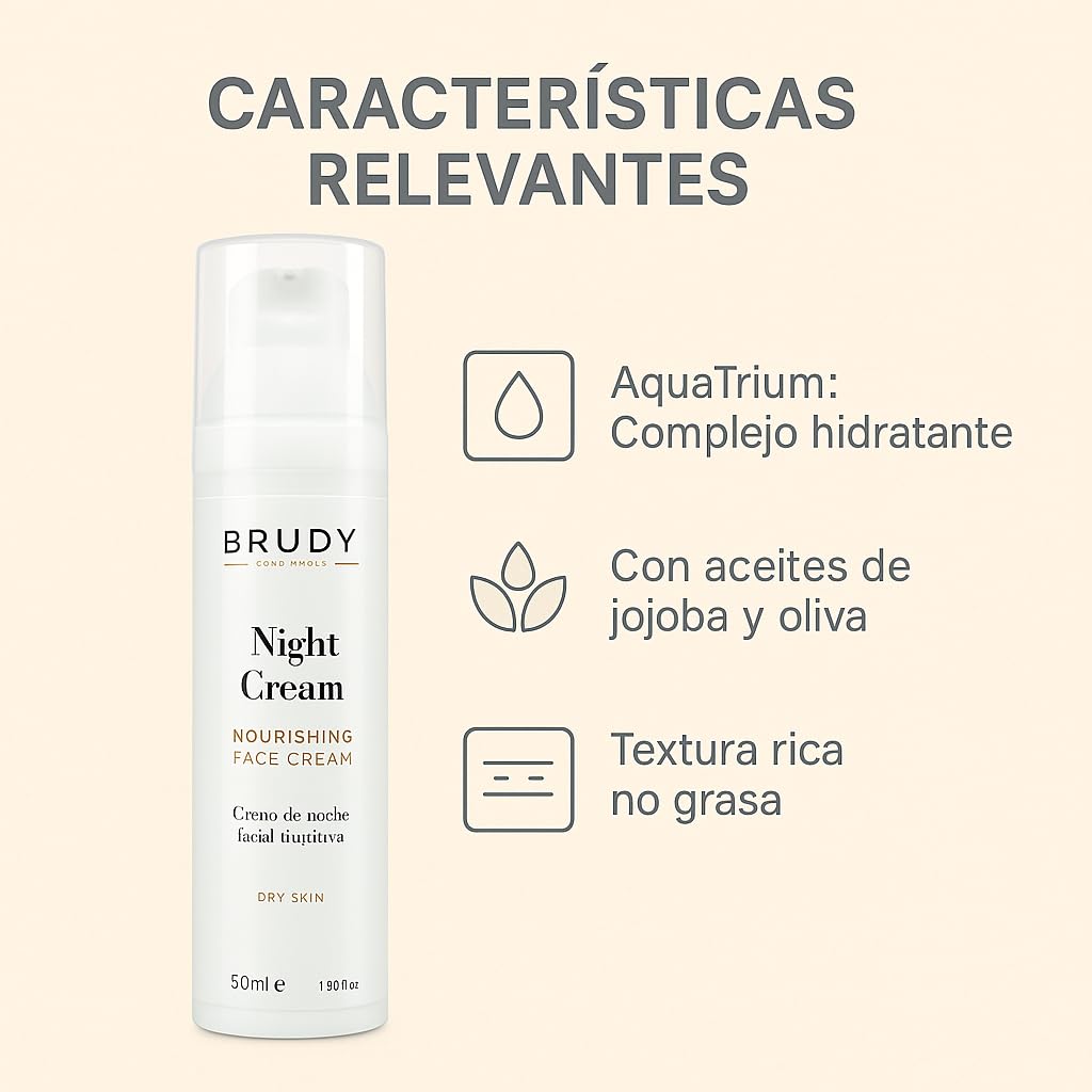 BRUDY COSMETICS - Crema Facial de Noche para Piel Seca – Hidratación y Nutrición Intensiva con Ácido Hialurónico, Neuvachiol y Aceites Vegetales – Rápida Absorción - Vegano - 50 ml
