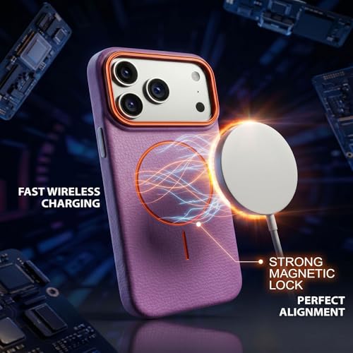 Image of amazon basics Luxury MagSafe Compatible Leather Texture Back Cover for iPhone 17 Pro Max | Raised Camera Protection | Slim Fit Shockproof Case with Metallic Accents (Purple)