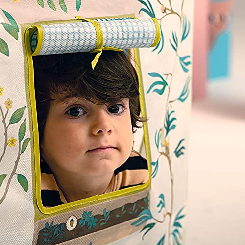 DJECO Maison de Jeu Enfant - Cabane Intérieure Spacieuse, Légère, Multicolore - Montage/Démontage Facile - 1 Toile, 3 Fenêtres, 1 Porte, Armatures Plastique, Boîte Rangement, 100x105x73cm