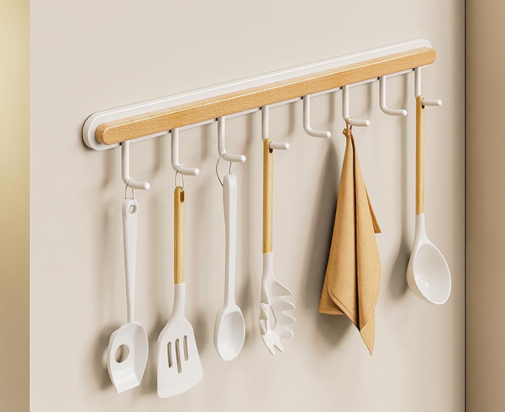 Xyagyund One Color Hanging Pot Rack, Kitchen Utensil Rail Hanging Rod No Drilling Wood Iron Wall-Mounted Kitchenware Rack Spoon Chopping Board Pans - White(With 8 Hooks 44Cm)