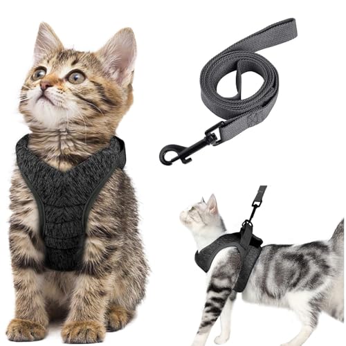 Ausbruchsicheres Katzengeschirr Set mit Katzenleinen, Verstellbares Katzengeschirr Ausbruchsicher, für Katzen Kitten Hunde Welpen(Grau -M)