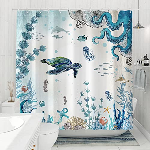 Zussun Sea Turtle Octopus Shower Curtain Set Blue Teal Waterproof Fabric Bathroom Shower Curtains Fish Ocean Animal Seashell Jellyfish Theme Bath Curtain With Hooks (Teal, 72'' × 72'') #TOP2