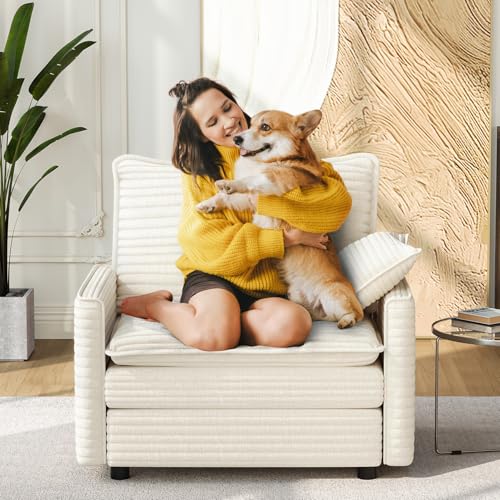 Image of Vesgantti 40 inch Single Seat Sofa, Comfy Cloud Couch Deep Seat Upholstered Couch Corduroy Modern Sofa with Armrest Pillow, Easy Assembly for Living Room, Bedroom and Apartment, Beige