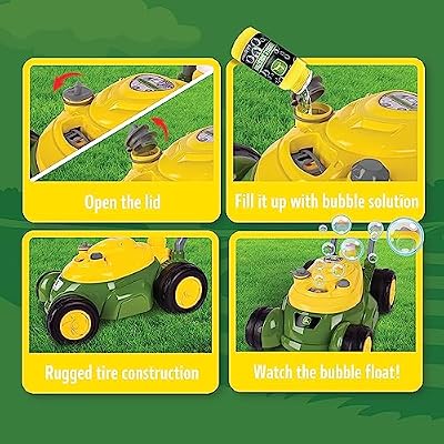 John Deere Bubble Lawn Mower for Toddlers, Bubble Blowing Machines, Indoor and Outdoor Gardening Toy, Birthday, Party Favor for Preschool Girls and Boys, No Batteries Required, 2+