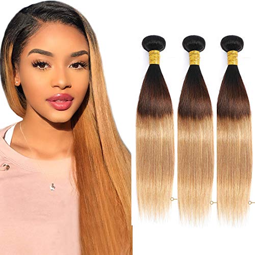 7A Grade Ombre Bundles Straight Hair 3 Bundles Ombre Human hair Honey Blonde Wavy Hair Brazilian Remy Hair Human Hair Weave Extensions 2 Tone #1B 27 Color 16 18 20 inch