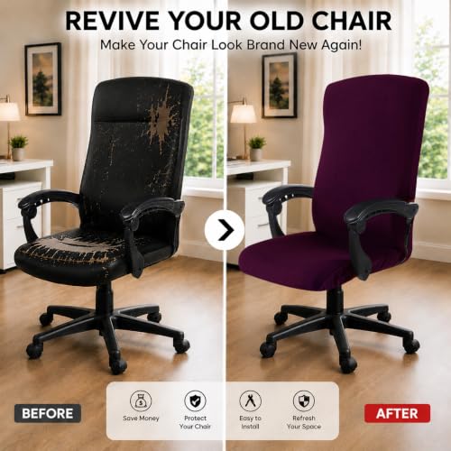 Image of Computer Office Chair Cover Stretch Spandex Fabric Rotating Chair Slipcovers Removable Chair Seat Covers Furniture Protector Covers (Plum)