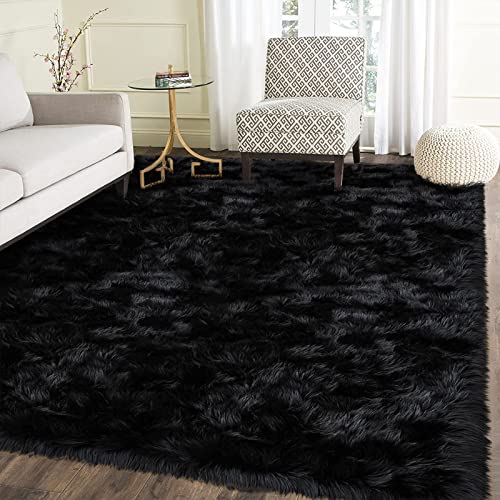 Latepis Shag 5x7 Black Fuzzy Rug Faux Sheepskin Fur Rugs