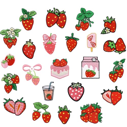 23 Pcs Mini Fruit Iron On Patches Set,Cute Iron On Patches,Embroidery Patche for Clothing Bag Scrapbook Hat Decorating Supplies DIY Craft Kits (Strawberry)