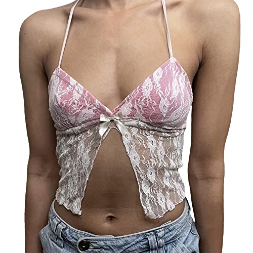 Women Y2k Front Tie Lace Trim Crop Top Sexy Sheer Mesh Sleeveless Open Back Slim Fit Vest Camisole Streetwear