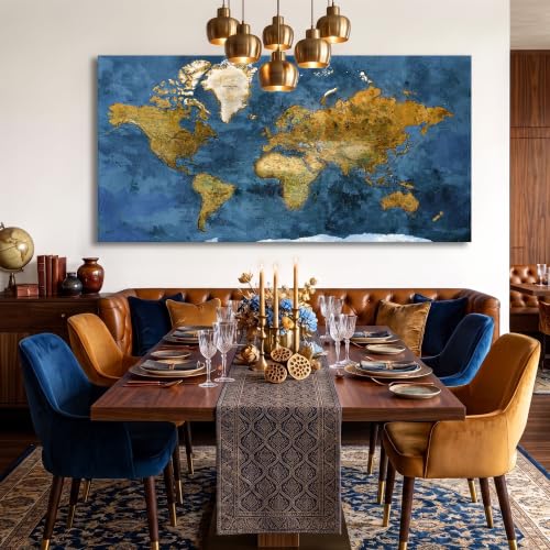 Image of World Map Wall Art for Living Room - Large Blue World Maps for Wall Decor, Framed Canvas Map Wall Art, Modern Abstract Office Wall Art, Artwork for Walls 24x48IN