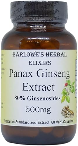 Barlowe's Herbal Elixirs Panax Ginseng Extracto 80% Ginsenósidos 500 mg por cápsula Soporte de resistencia, enfoque y vitalidad 60