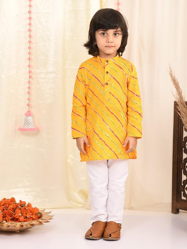 Superminis Cotton Baby Boys Sanganeri Lehariya Printed Kurta Set and White Pyjama with Elastic Closure