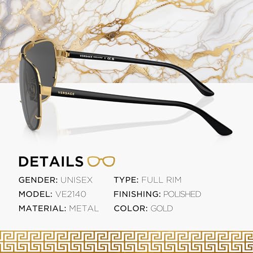 Versace VE2140 40mm Non-Polarized Aviator Sunglasses for Men – Gold Metal Frame with Black Temples, 100% UV Protection, Lightweight & Comfortable Sunglasses, eShades Eyewear Kit Included2