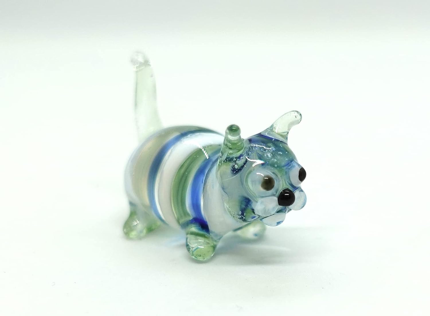 Tiny Cat Miniature Glass Figurine – Handmade Blown Glass Animal – Cute Collectible Cat Sculpture – Fairy Garden Pet Décor Gift (Green Stand) image 3