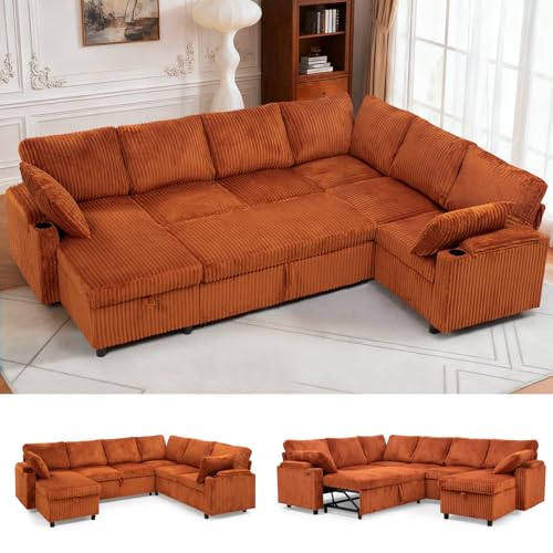 ACMEASE 110” Corduroy Sectional Sofa w/Pull Out Bed &Storage Chaise, Orange