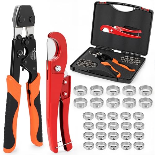 KF CPTEC PEX Clamp Cinch Tool Kit for 3/8” to 1” Stainless Steel Clamps, Includes PEX Crimp Tool, Tubing Cutter, 20pcs 1/2” & 10pcs 3/4” Clamp Rings, Plumbing Tool Set for PEX Pipe Installation