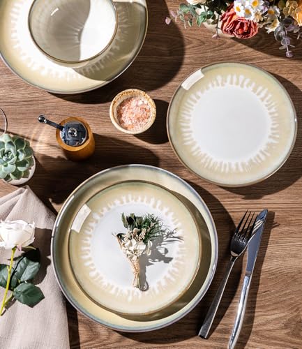 Image of LERATIO Ceramic Dinnerware Sets for 4,Reactive Glaze Plates and Bowls Set with Mugs, Dishwasher,Microwave & Oven Safe Dishes set-Sage Ivory